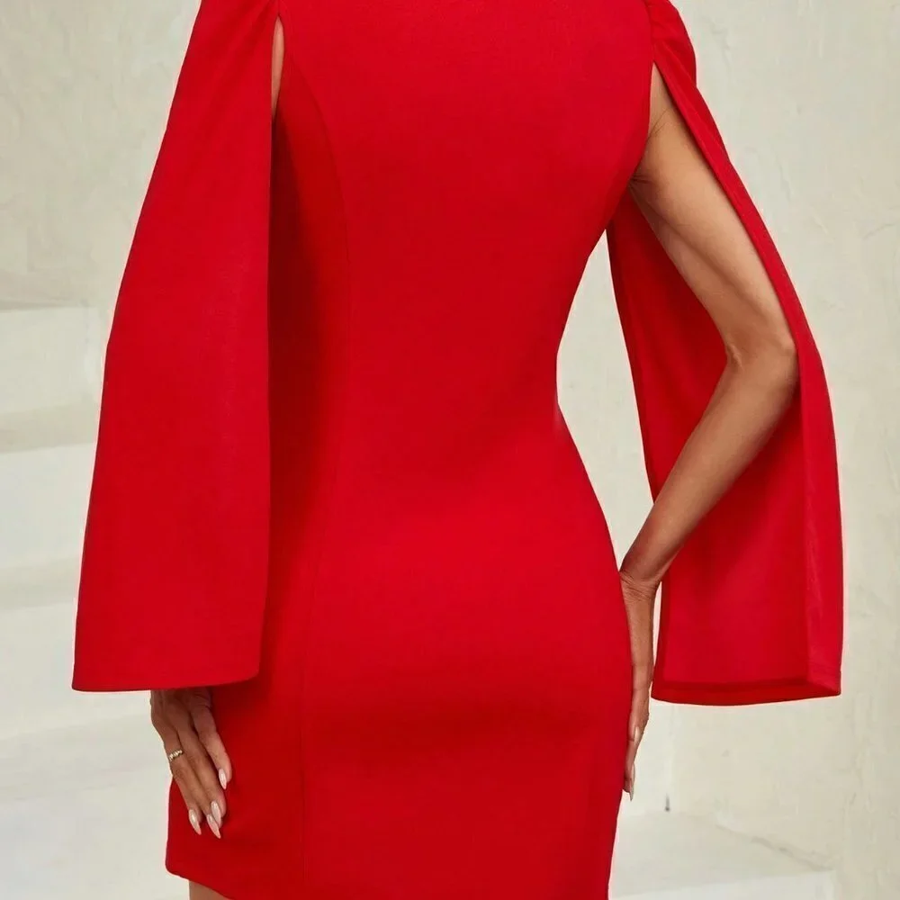 Red Preppy Womens Cloak Sleeve Double Breasted Placket Blazer Dress